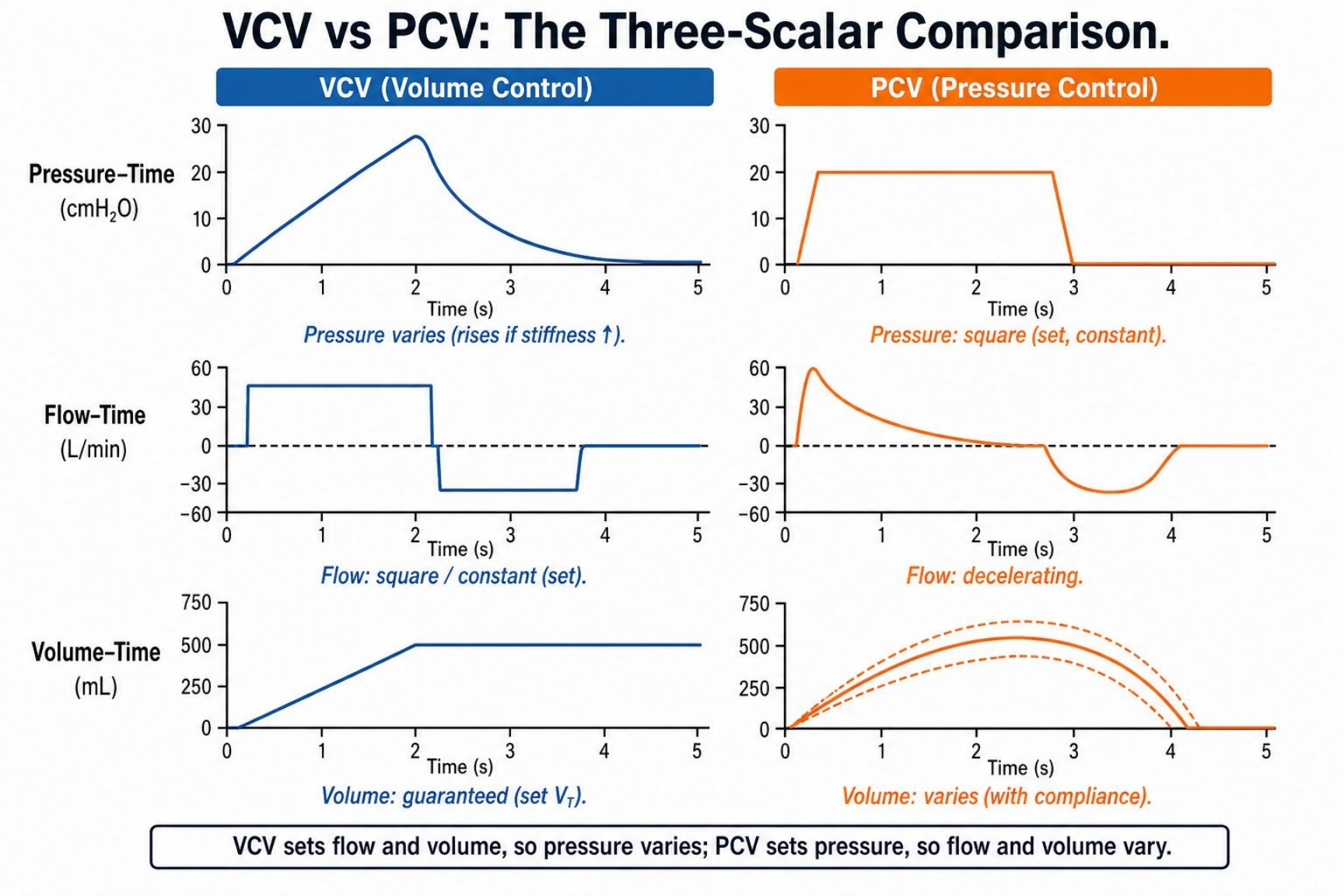 Hình MVG-F11-01. So sánh ba sóng trong VCV và PCV. Nguồn: Mastering Ventilator Graphics, trang PDF 55.