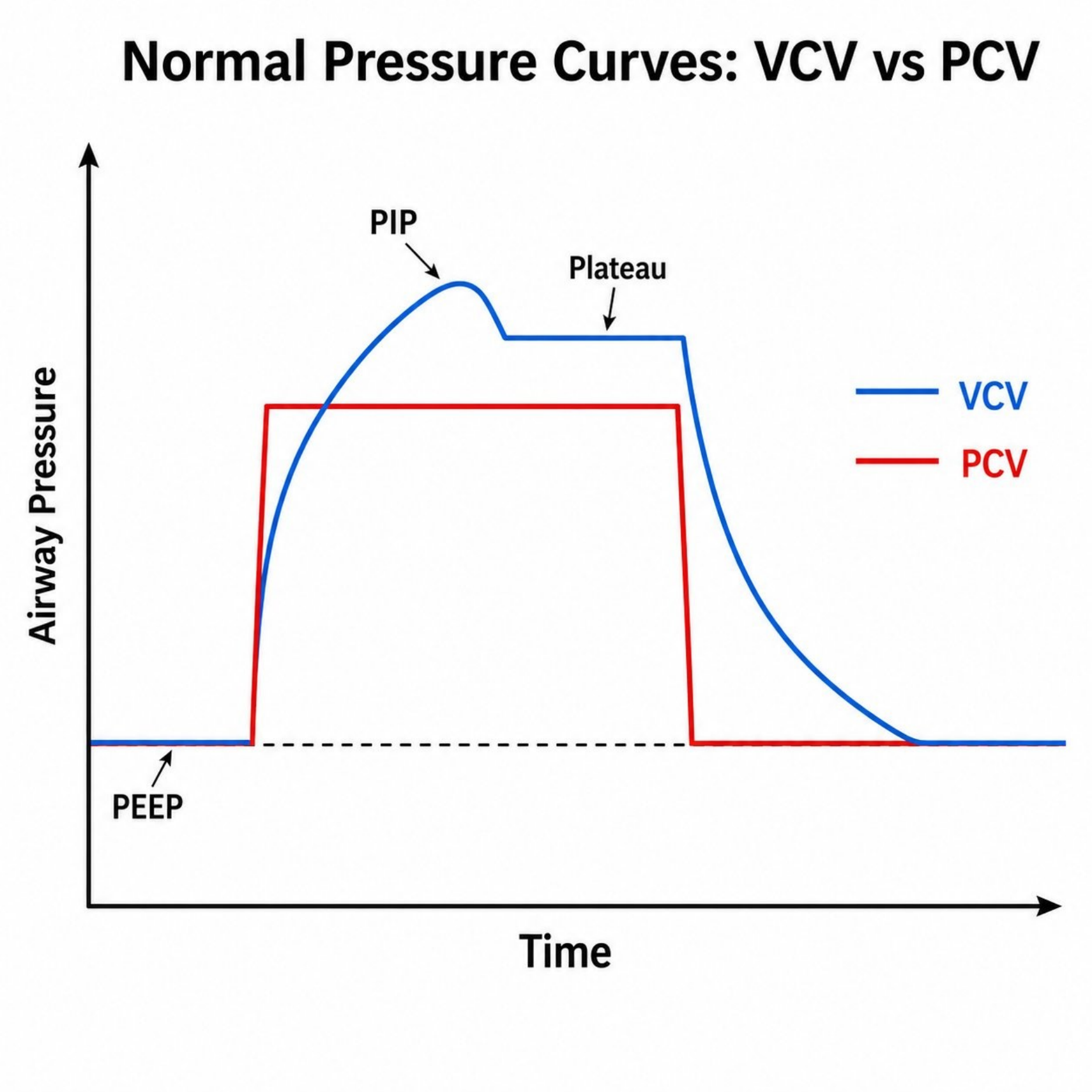 Hình MVG-F04-01. Hình thái sóng áp lực–thời gian bình thường trong VCV và PCV. Nguồn: Mastering Ventilator Graphics, trang PDF 15.