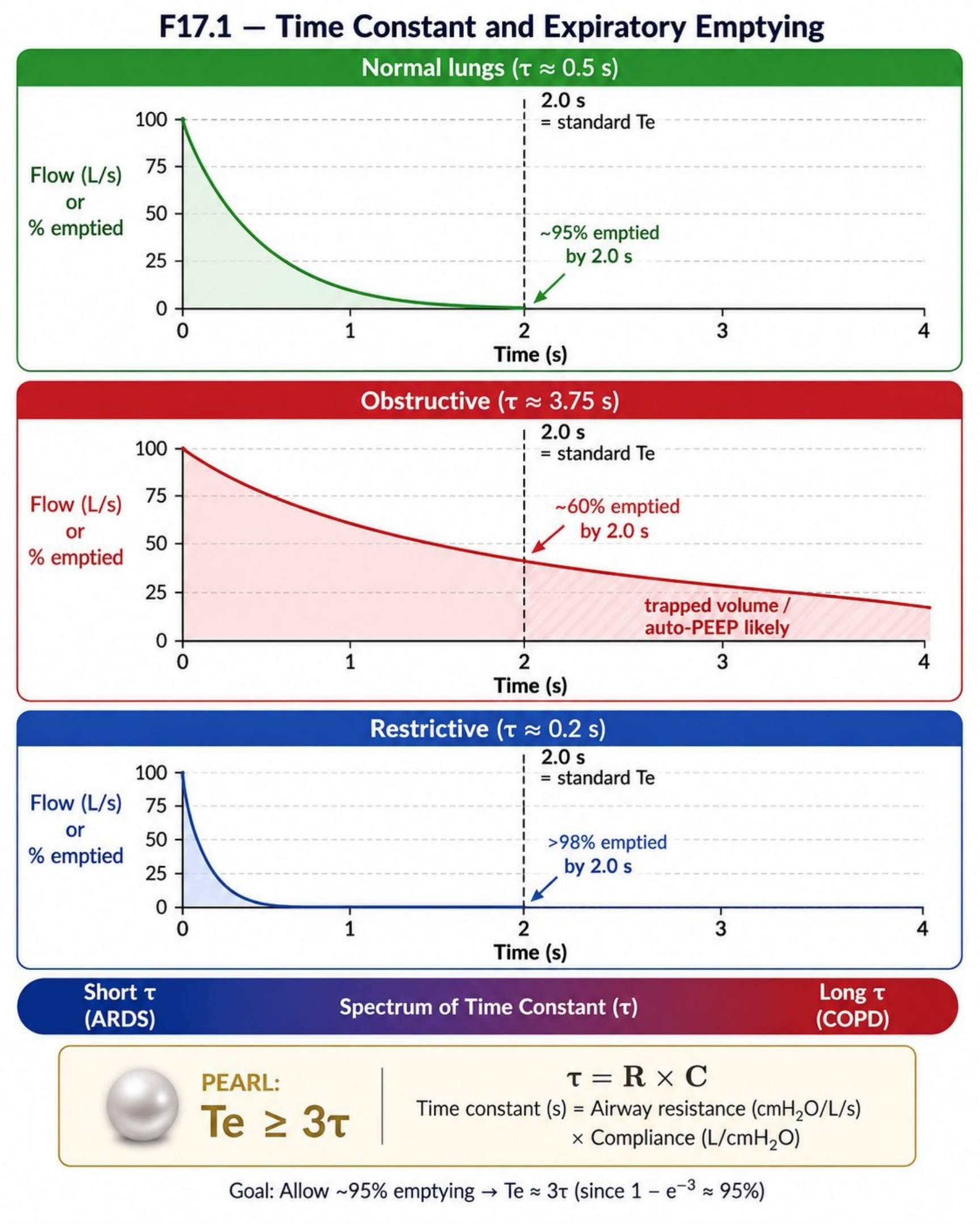 Hình MVG-F17-01. Hằng số thời gian và quá trình làm rỗng phổi. Nguồn: Mastering Ventilator Graphics, trang PDF 95.