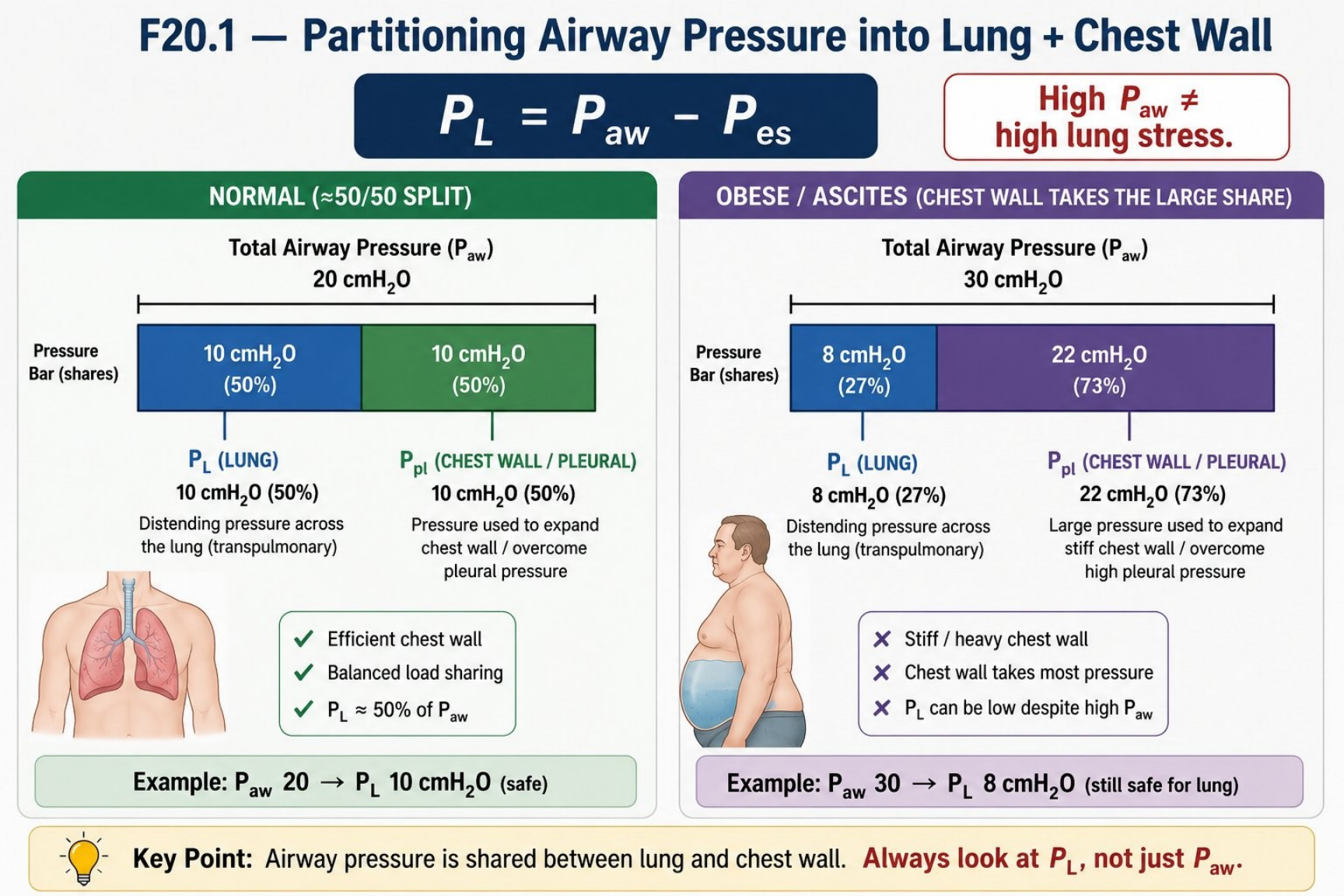 Hình MVG-F20-01. Phân chia áp lực đường thở thành áp lực xuyên phổi và thành ngực. Nguồn: Mastering Ventilator Graphics, trang PDF 114.